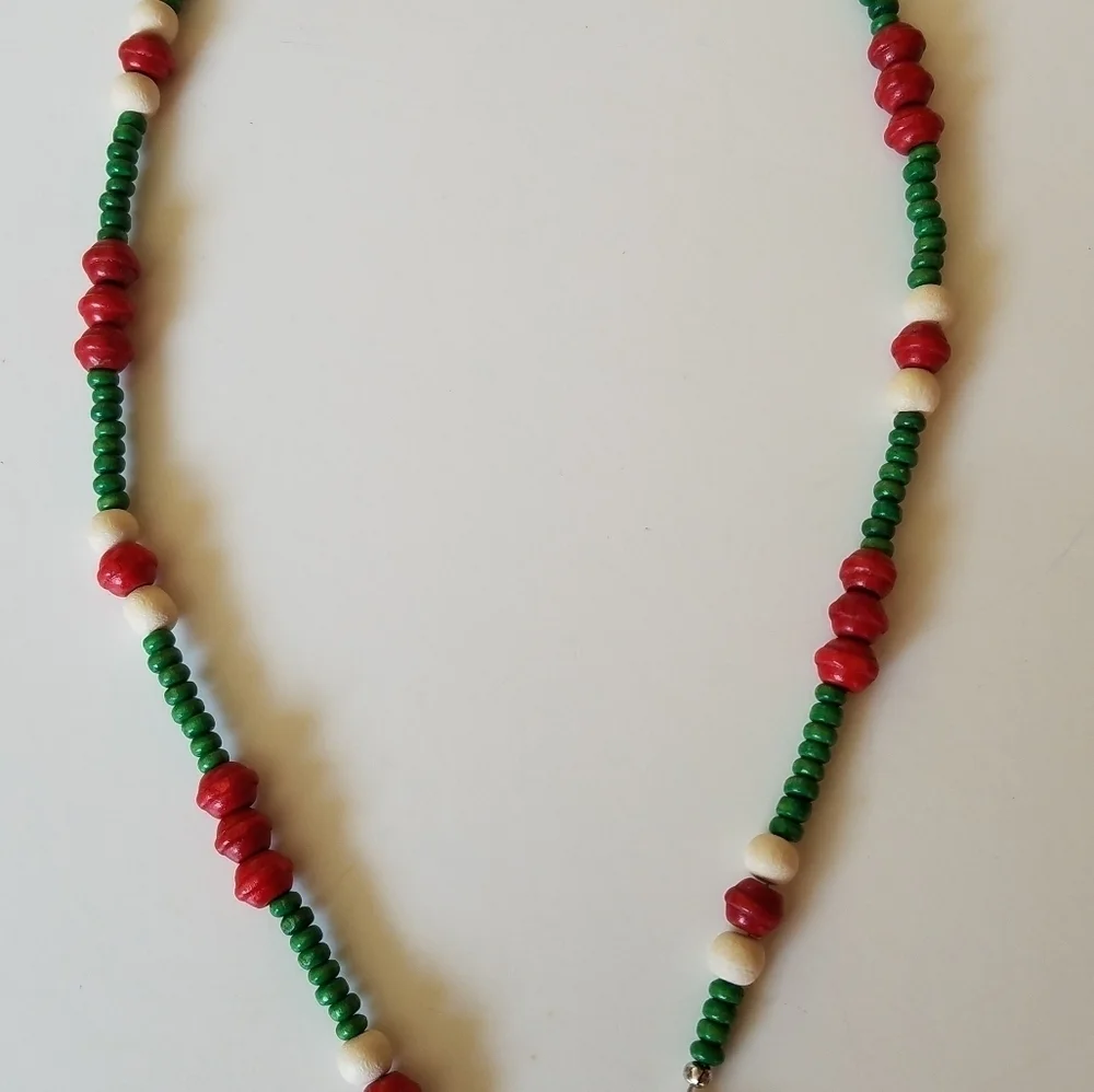 Hand Crafted Beaded Face Mask Chain Holder/Lanyard Red, White Green Wood Beads